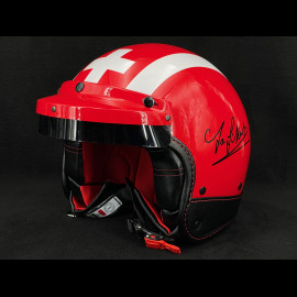 Joseph Siffert Signature Red helmet with white stripes and cross – Black and red leather reinforcement