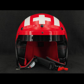 Joseph Siffert Signature Red helmet with white stripes and cross – Black and red leather reinforcement