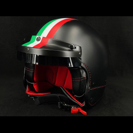 Mat Black Helmet with Green, White and Red Stripes - Black and Red leather reinforcement