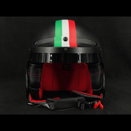 Mat Black Helmet with Green, White and Red Stripes - Black and Red leather reinforcement