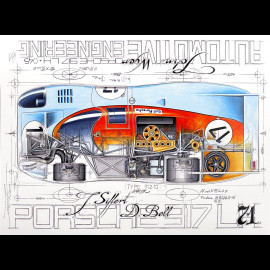 Banner Porsche 917 LH JWA Gulf n° 17 24h Le Mans 1971 Originalzeichnung von Sébastien Sauvadet