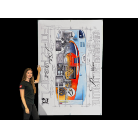 Banner Porsche 917 LH JWA Gulf n° 17 24h Le Mans 1971 original drawing by Sébastien Sauvadet