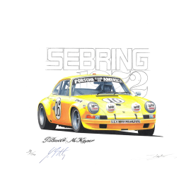 Porsche 911S n° 16 12h Sebring 1972 Original Zeichnung mit Unterschrift Jürgen Barth / Sébastien Sauvadet