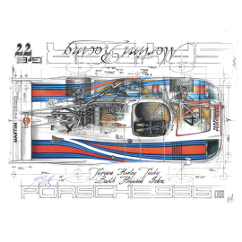 Porsche 936 Martini Le Mans 1977 Original Zeichnung mit Unterschrift Jürgen Barth / Sébastien Sauvadet