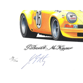 Porsche 911S n° 16 12h Sebring 1972 Original Zeichnung mit Unterschrift Jürgen Barth / Sébastien Sauvadet