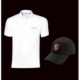 Duo Porsche Polo-shirt classic White + Porsche Hat Wappen Black