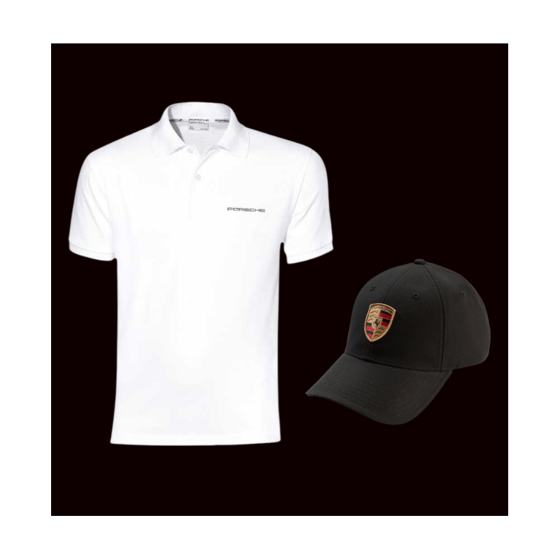Duo Porsche Polo-shirt classic Weiß + Porsche Cap Wappen Schwarz