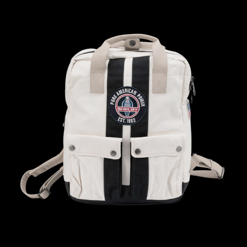 Carroll Shelby GT40 Backpack in Leather and Canvas Ecru / Navy Blue Stripes