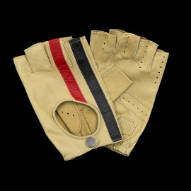 Fahrer Handschuhe fingerlos Leder Racing creme rot und blau Streifen