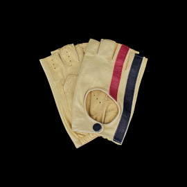 Fahrer Handschuhe fingerlos Leder Racing creme rot und blau Streifen
