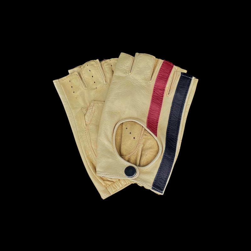Driving Gloves fingerless mittens leather Racing cream red and blue stripes