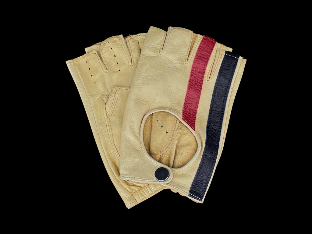 Fahrer Handschuhe fingerlos Leder Racing creme rot und blau Streifen -  Elfershop