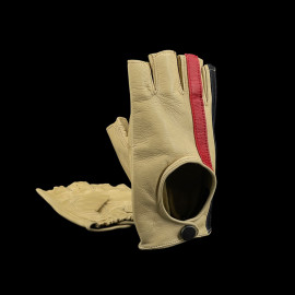 Driving Gloves fingerless mittens leather Racing cream red and blue stripes