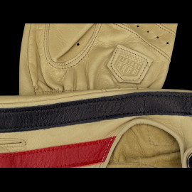 Driving Gloves fingerless mittens leather Racing cream red and blue stripes