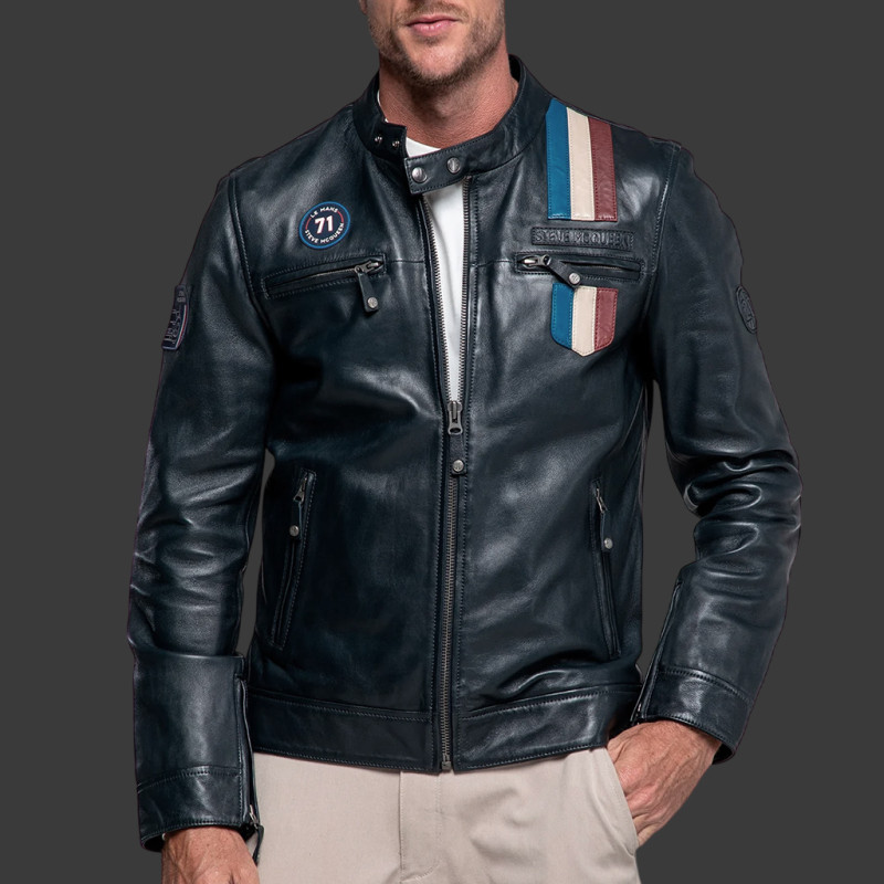 Steve McQueen Leather Jacket x 24h Le Mans Austin Navy Blue 28075-N - Men's