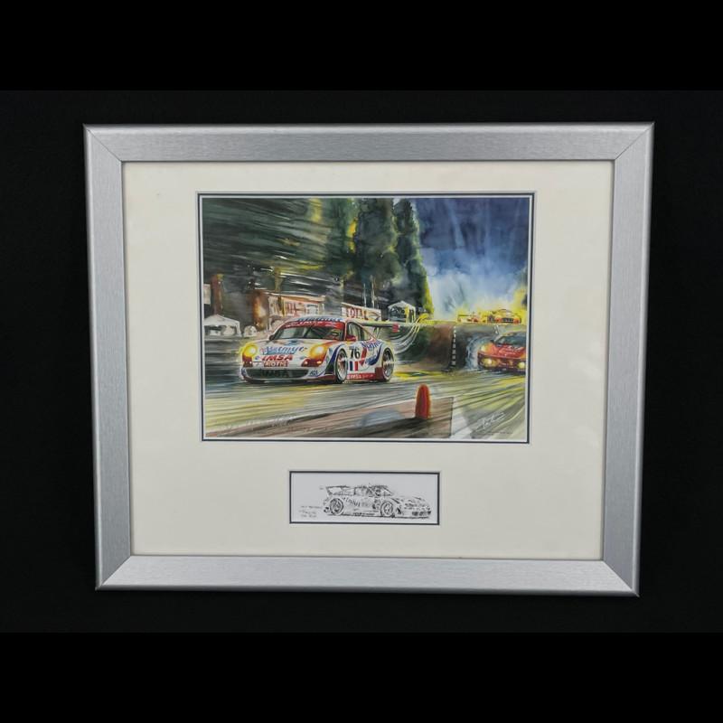 Porsche Frame 911 RSR Type 991 n° 76 Winner 24h Le Mans 2007 Grey wooden frame with sketch 25 x 30 cm - Uli Ehret