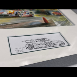 Porsche Rahmen 911 RSR Type 991 n° 76 Sieger 24h Le Mans 2007 Grauer Holzrahmen mit Skizze 25 x 30 cm - Uli Ehret