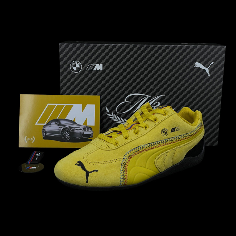 BMW Schuhe M3 Speedcat + Schlüsselanhänger + Sammlerbox Puma Leder / Carbon-Optik Phönixgelbe 309309-02 - unisex