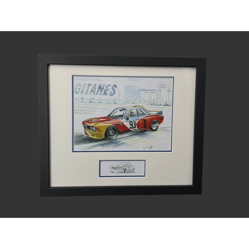 BMW Rahmen 3.0 CSL "Calder" n°93 1975 Schwarzer Holzrahmen mit Skizze 25 x 30 cm - Uli Ehret