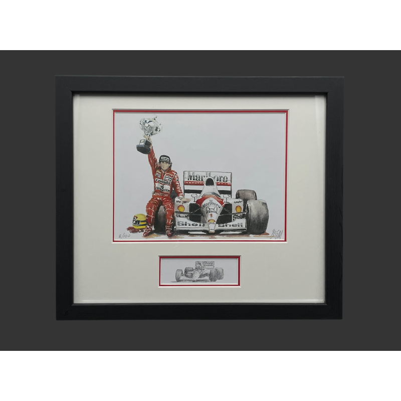 Ayrton Senna Rahmen McLaren MP4/4 1988 Schwarzer Holzrahmen mit Skizze 25 x 30 cm - Uli Ehret