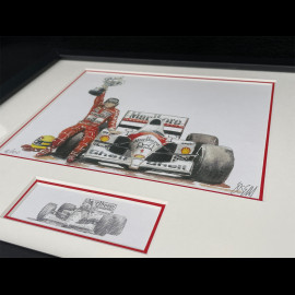 Ayrton Senna Rahmen McLaren MP4/4 1988 Schwarzer Holzrahmen mit Skizze 25 x 30 cm - Uli Ehret