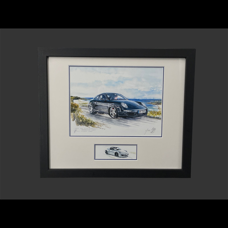 Porsche 911 Rahmen typ 997 Carrera 2004 / typ 991 Targa 2014 Schwarzer Holzrahmen mit Skizze 25 x 30 cm - Uli Ehret