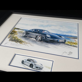 Porsche 911 Rahmen typ 997 Carrera 2004 / typ 991 Targa 2014 Schwarzer Holzrahmen mit Skizze 25 x 30 cm - Uli Ehret