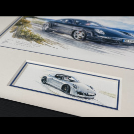 Porsche 911 Rahmen typ 997 Carrera 2004 / typ 991 Targa 2014 Schwarzer Holzrahmen mit Skizze 25 x 30 cm - Uli Ehret