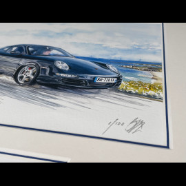 Porsche 911 Rahmen typ 997 Carrera 2004 / typ 991 Targa 2014 Schwarzer Holzrahmen mit Skizze 25 x 30 cm - Uli Ehret
