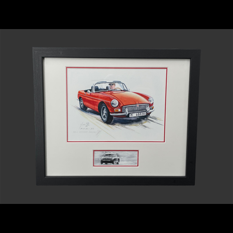 MG-B Rahmen Cabriolet 1962 Schwarzer Holzrahmen mit Skizze 25 x 30 cm - Uli Ehret