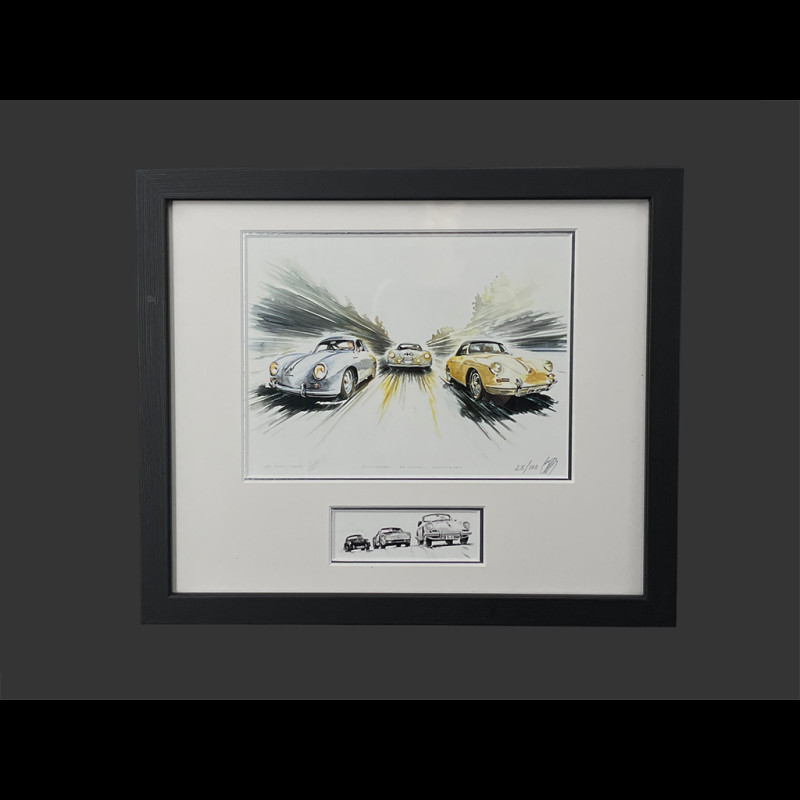 Porsche Rahmen 356 1955 Schwarzer Holzrahmen mit Skizze 25 x 30 cm - Uli Ehret