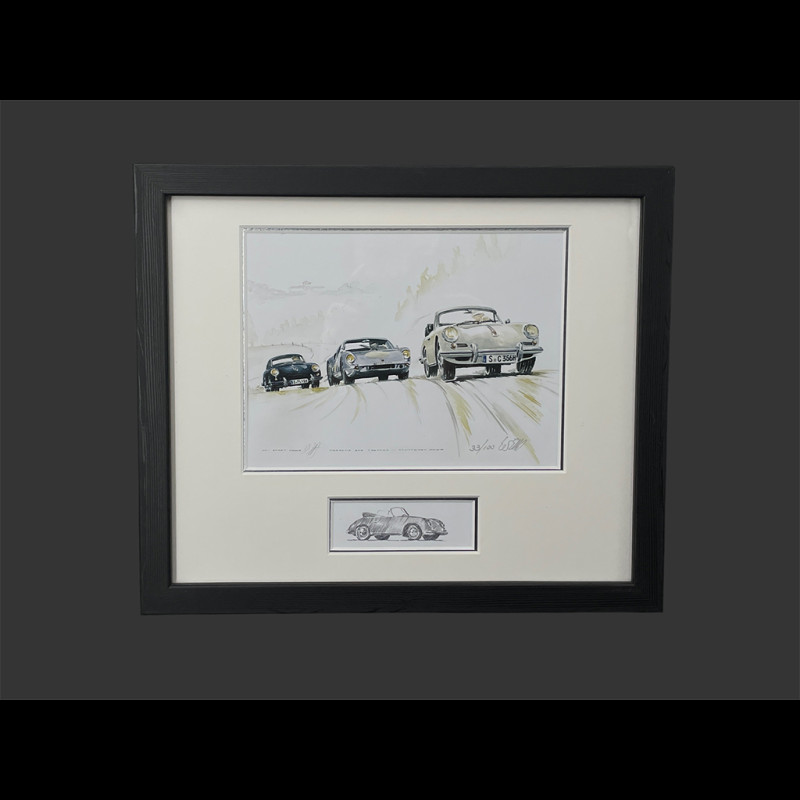 Porsche Frame 356 C / 904 / 356 A Coupé 1963 Black Wooden Frame with Sketch 25 x 30 cm - Uli Ehret