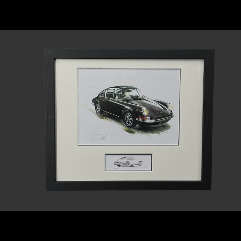 Porsche Rahmen 911 Coupe 1964 Schwarzer Holzrahmen mit Skizze 25 x 30 cm - Uli Ehret