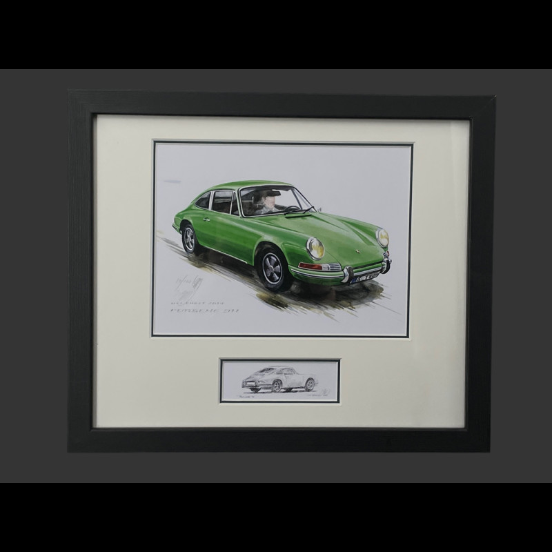 Porsche Rahmen 911 Coupe 1964 Schwarzer Holzrahmen mit Skizze 25 x 30 cm - Uli Ehret