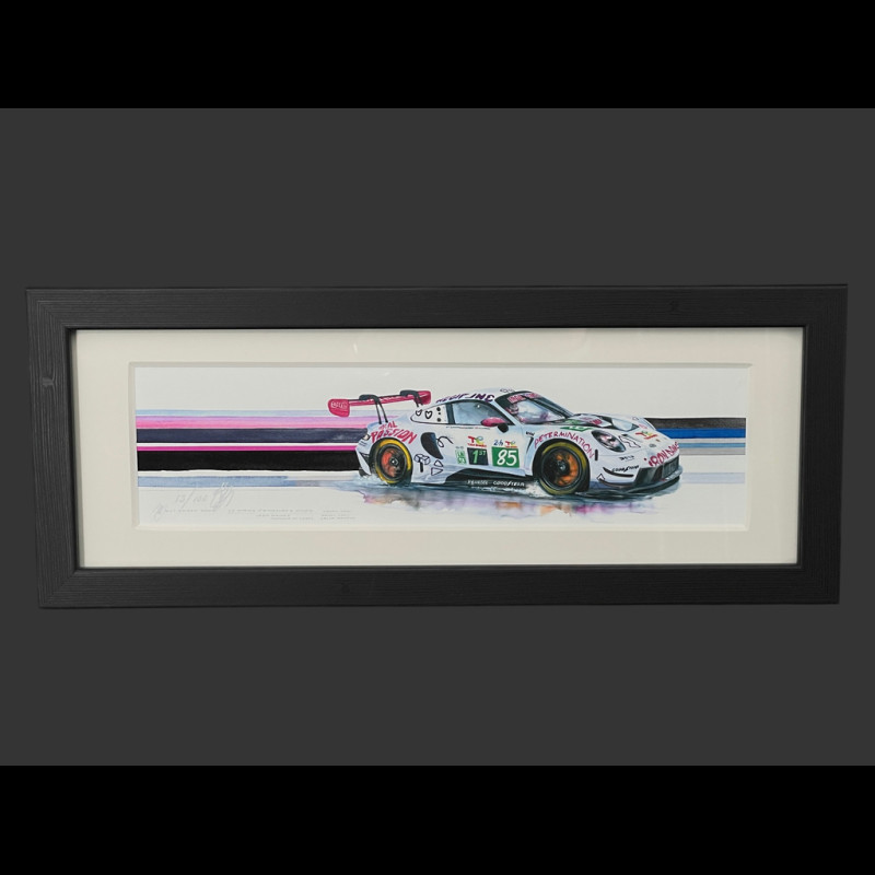 Porsche Rahmen 911 RSR Typ 991 n° 85 Iron Dames 24h Le Mans 2025 Schwarzer Holzrahmen 38 x 15 cm - Uli Ehret
