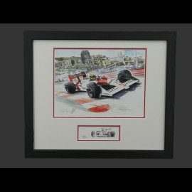 Ayrton Senna Rahmen McLaren MP4/4 n° 12 GP Monaco 1988 F1 Schwarzer Holzrahmen mit Skizze 25 x 30 cm - Uli Ehret