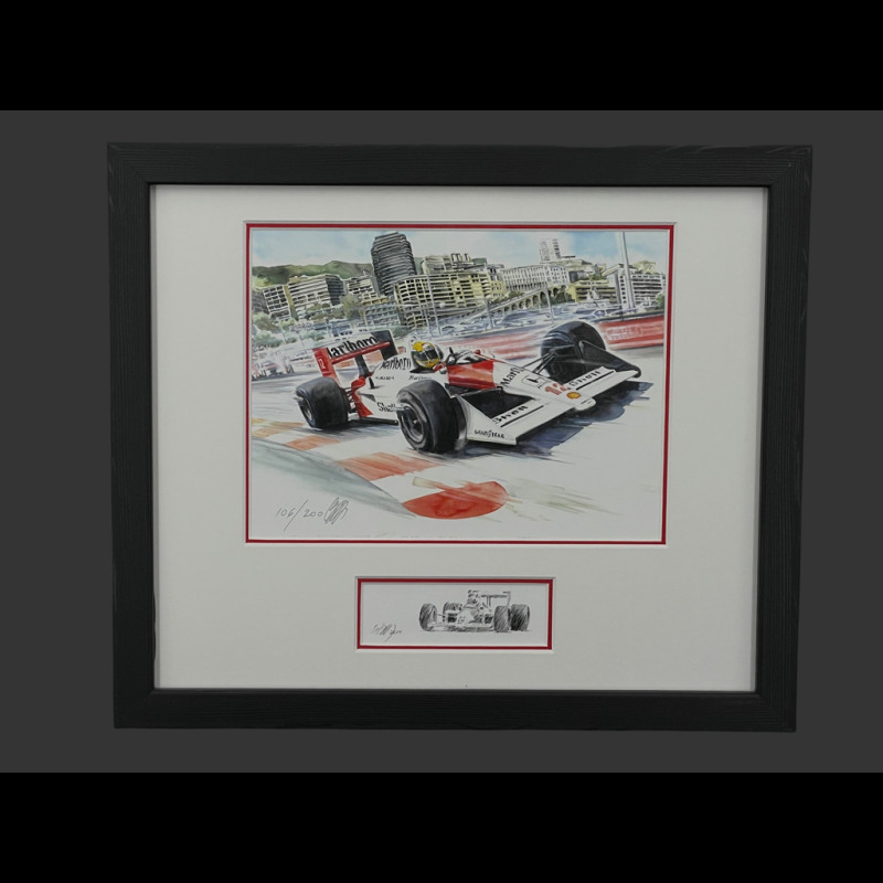 Ayrton Senna Frame McLaren MP4/4 n° 12 GP Monaco 1988 F1 Black Wooden Frame with Sketch  25 x 30 cm - Uli Ehret