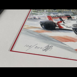 Ayrton Senna Frame McLaren MP4/4 n° 12 GP Monaco 1988 F1 Black Wooden Frame with Sketch  25 x 30 cm - Uli Ehret