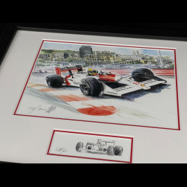 Ayrton Senna Rahmen McLaren MP4/4 n° 12 GP Monaco 1988 F1 Schwarzer Holzrahmen mit Skizze 25 x 30 cm - Uli Ehret