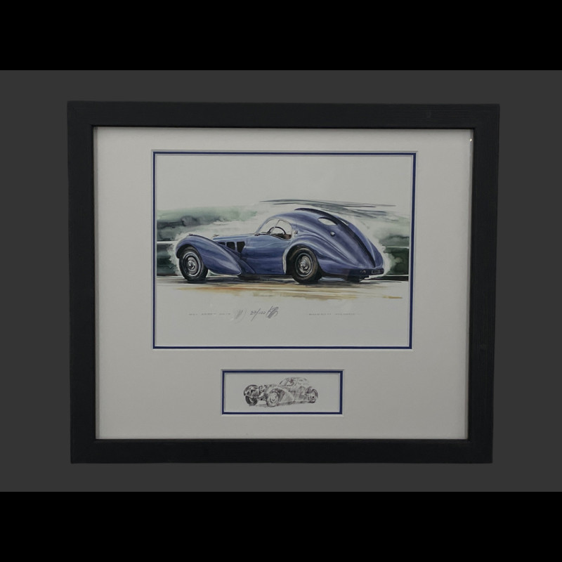 Bugatti Rahmen Type 57SC Atlantic 1936 Schwarzer Holzrahmen mit Skizze 25 x 30 cm - Uli Ehret