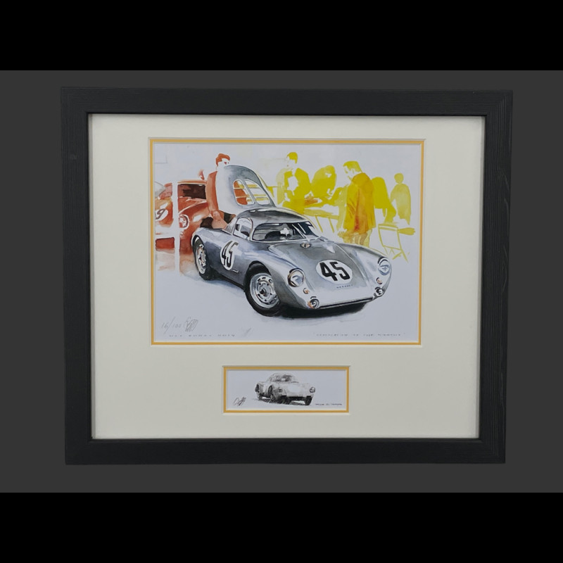 Porsche Frame 550A Coupé n° 25 24h Le Mans 1956 Black Wooden Frame with Sketch  25 x 30 cm - Uli Ehret