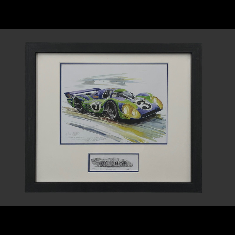 Porsche Rahmen 917 LH n° 3 "Hippie" 24h Le Mans 1970 Schwarzer Holzrahmen mit Skizze 25 x 30 cm - Uli Ehret