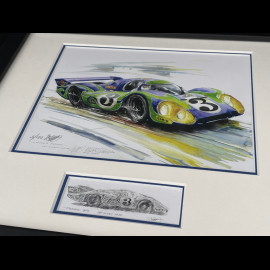 Porsche Rahmen 917 LH n° 3 "Hippie" 24h Le Mans 1970 Schwarzer Holzrahmen mit Skizze 25 x 30 cm - Uli Ehret