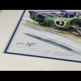 Porsche Rahmen 917 LH n° 3 "Hippie" 24h Le Mans 1970 Schwarzer Holzrahmen mit Skizze 25 x 30 cm - Uli Ehret