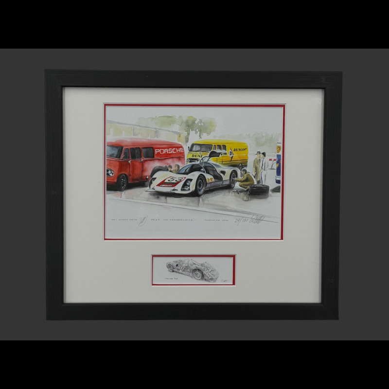Porsche Frame 906 n° 53 Nürburgring Porsche Testday 1962 Black Wooden Frame with Sketch 25 x 30 cm - Uli Ehret