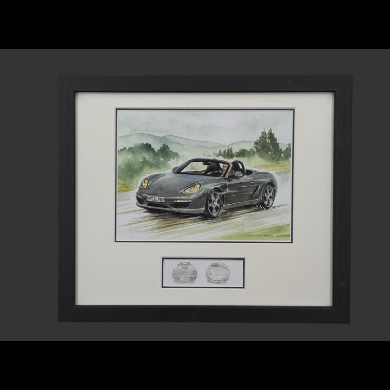 Porsche Rahmen Boxster 2010 Schwarzer Holzrahmen mit Skizze 25 x 30 cm - Uli Ehret