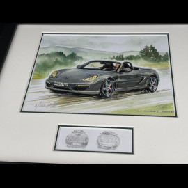 Porsche Rahmen Boxster 2010 Schwarzer Holzrahmen mit Skizze 25 x 30 cm - Uli Ehret