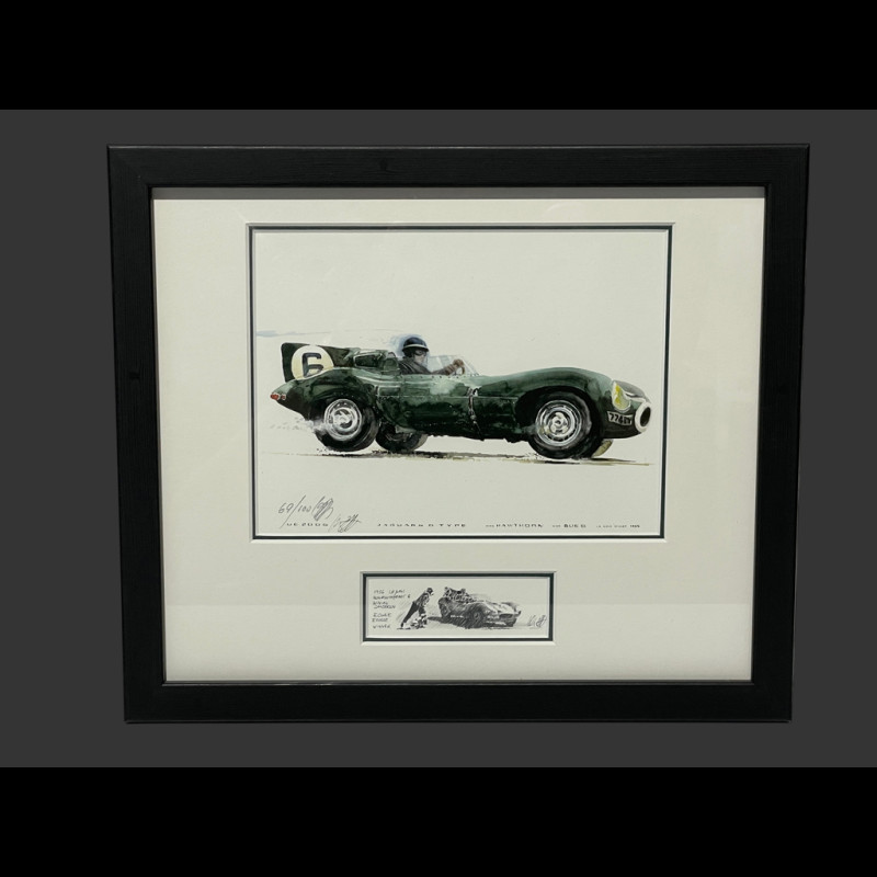 Jaguar Frame D-Type n° 6 Vainqueur 24h Le Mans 1955 Black Wooden Frame with Sketch 25 x 30 cm - Uli Ehret