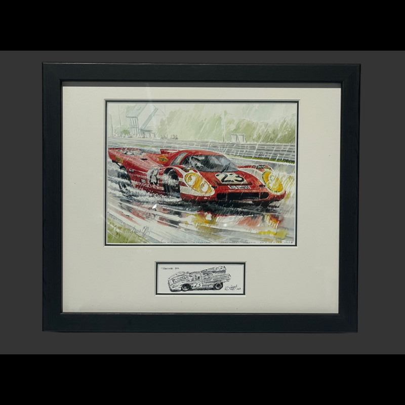 Porsche Rahmen 917 KH n° 23 Sieger 24h Le Mans 1970 Schwarzer Holzrahmen mit Skizze 25 x 30 cm - Uli Ehret