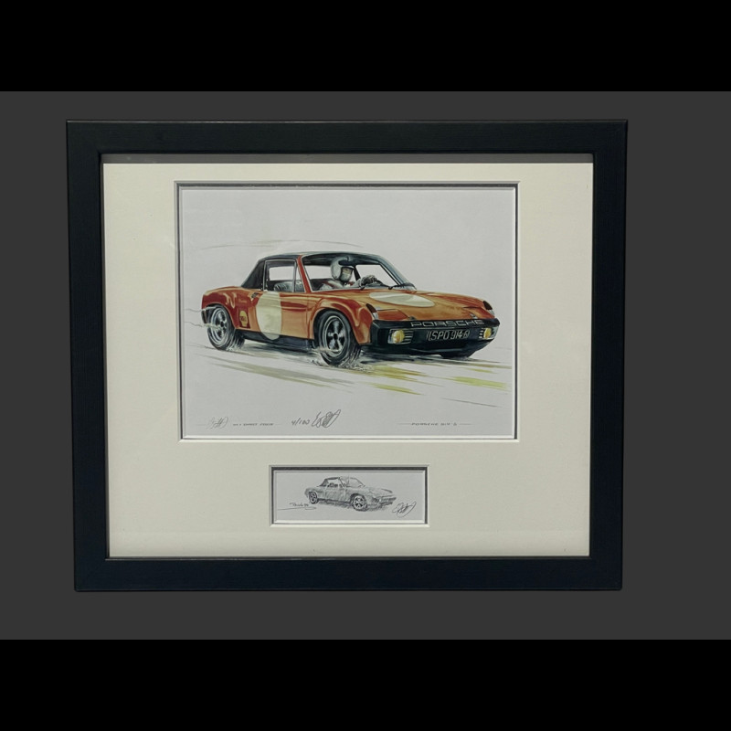 Porsche Rahmen 914/6 1970 Schwarzer Holzrahmen mit Skizze 25 x 30 cm - Uli Ehret